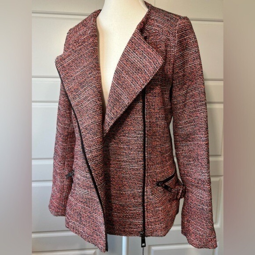 NWT Iconic Trend Asymmetric Zip Jacket Women 12 Black Neon Orange Tweed Moto - Picture 4 of 14